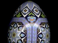 Blue Octagons Ukrainian Easter Egg Pysanky by So Jeo : pysanky pysanka ukrainian easter egg batik art sojeo florals flowers birds stars trees vines blooms buds bluebird owl art sojeo "so jeo" eggshell egg shell blown decoration ivy garden rainbow rosie posy nightshad victorian trees etched brown chicken eggs turkey